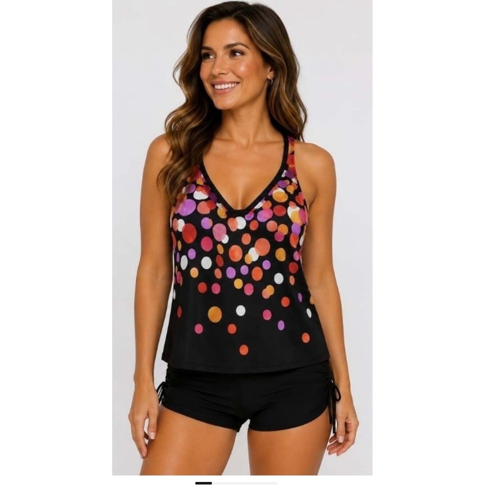 NWT Maxine of Hollywood Confetti Racerback Tankini Swim Top Black